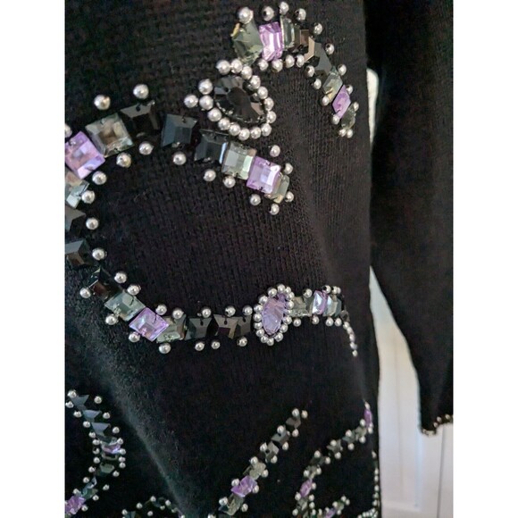 ANNE KLEIN by Sadimara Vtg Sweater Womens Sz L Black Embellished Beads Glam 90s - Picture 5 of 13